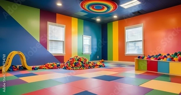 Fototapeta A colorful rainbow playground room serves as a vibrant backdrop for photo studio sessions, providing an engaging and playful environment for children's photography