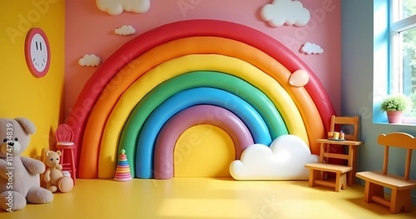Fototapeta A colorful rainbow playground room serves as a vibrant backdrop for photo studio sessions, providing an engaging and playful environment for children's photography