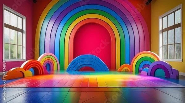 Fototapeta A colorful rainbow playground room serves as a vibrant backdrop for photo studio sessions, providing an engaging and playful environment for children's photography