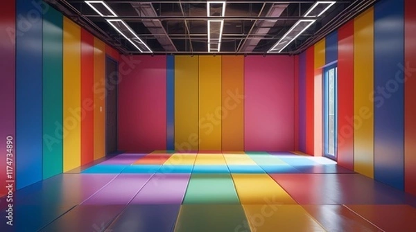 Fototapeta A colorful rainbow playground room serves as a vibrant backdrop for photo studio sessions, providing an engaging and playful environment for children's photography