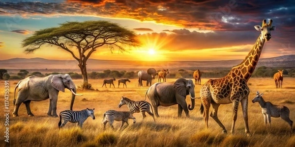 Fototapeta African Savanna Wildlife: Majestic Elephant, Lion, Zebra, Giraffe Herd