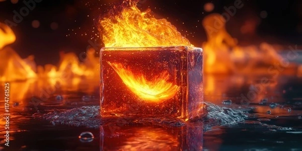 Obraz fire and ice, flaming ice cube, elemental contrast, melting ice, burning flame, surreal composition, glowing embers, reflective surface, dark background, dramatic lighting, high detail, photorealistic