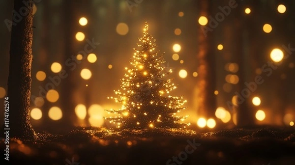 Fototapeta Christmas tree in a mystical forest with warm golden lights.