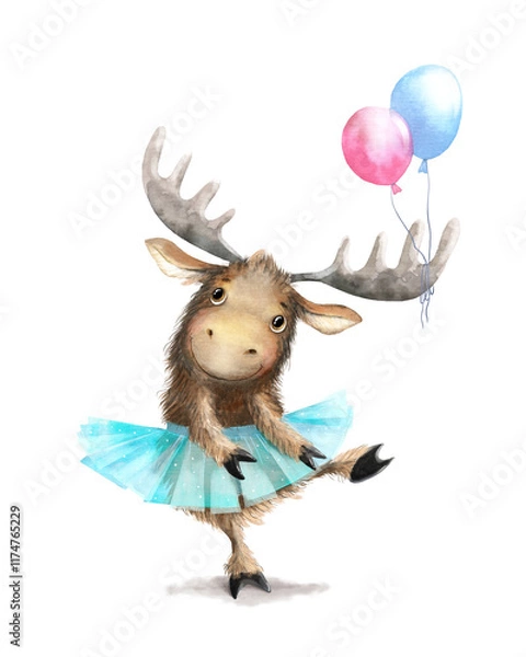 Fototapeta A cute dancing moose in a ballet tutu with balloons on antlers. Hand drawn