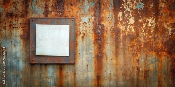 Fototapeta Rustic Metal Surface with Attached Blank Square Sign for Text or Image Presentation