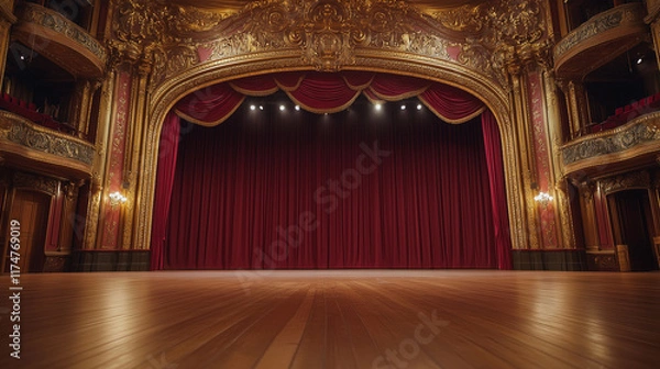 Fototapeta Empty stage in an old opera house with red velvet curtains
