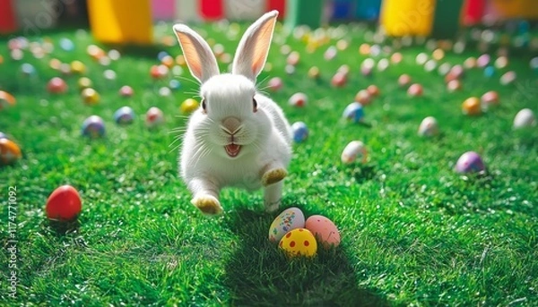 Fototapeta joyful white rabbit bounding across a lush green grass field, surrounded by a variety of colorful Easter eggs, embodying the cheerful spirit of the holiday