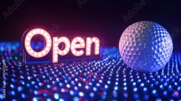 Obraz Neon Open Sign with Golf Ball on LED Light Surface