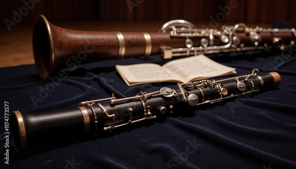 Obraz Woodwind instruments on black velvet with open sheet music
