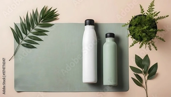 Obraz A minimalist flat lay with a single yoga mat, a sleek water bottle.