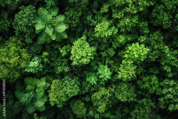 Obraz Lush green forest canopy viewed from above showcasing diverse plant life and vibrant foliage during daylight