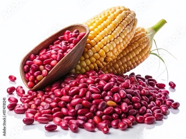 Obraz Close-up of Falling Rose Beans Overlapping Field Corn on White