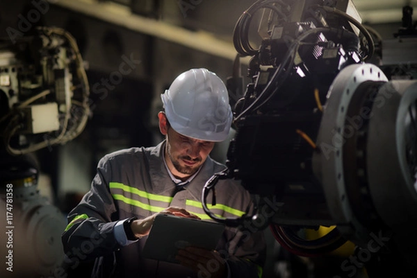 Obraz Caucasian male engineer, technician wearing safety uniform working using tablet Online information to monitor machine operation, check maintenance plan to make a machine work efficiently and safety.