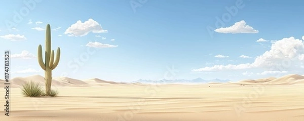 Fototapeta A serene desert landscape featuring a solitary cactus under a clear blue sky, embodying tranquility and the vastness of nature.