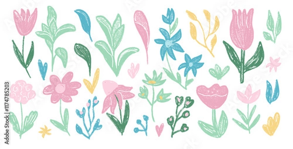 Fototapeta Flowers and leaves crayon drawn set. Spring tulip, daisy and marguerite doodle. Pastel colors childish floral stencil shape. Vector naive pencil illustration isolated on white background.
