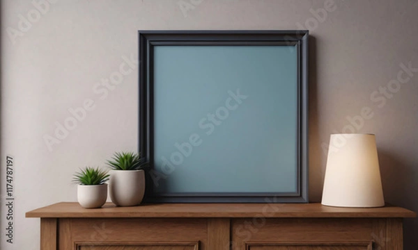 Fototapeta wooden sideboard, framed blue artwork, minimalist decor, table lamp, small potted plant, neutral wall, interior design, soft lighting, contemporary style, simple composition, texture contrast