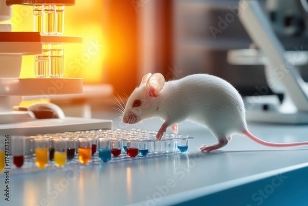Fototapeta Lab Mouse Investigating Colorful Test Tubes in Scientific Research Environment, Representing Genetic Studies and Biochemical Experiments in Modern Laboratory