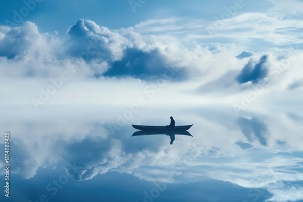 Fototapeta Tranquil reflection of canoe on calm lake with clouds