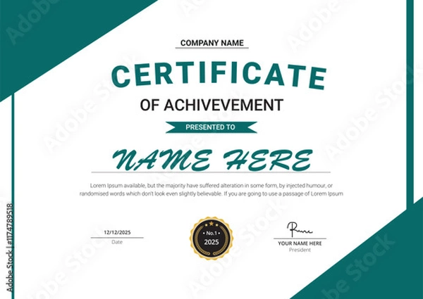 Fototapeta Modern certificate of achievement template. Business, Award, Training achievement certificate or diploma design