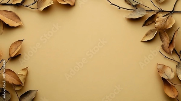 Fototapeta Dried leaves arranged on a beige background.  Perfect for autumn or fall themed designs.