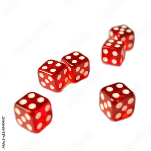 Fototapeta Red dice tumbling; chance, luck, game, gambling, casino background; website, game design.