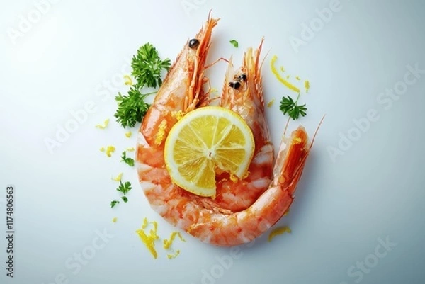 Fototapeta Fresh shrimp garnished with lemon and herbs on a clean background.