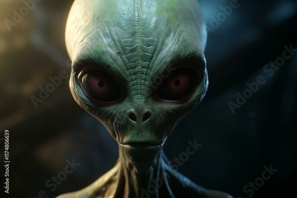 Fototapeta Green alien with red eyes emerging from darkness, creating a mysterious and otherworldly atmosphere