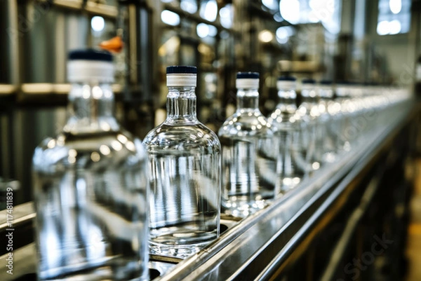 Fototapeta Vodka bottles glide smoothly along the production line in a bustling distillery at noon