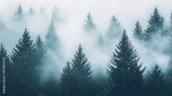 Fototapeta Misty forest, evergreen trees shrouded in fog, atmospheric landscape.