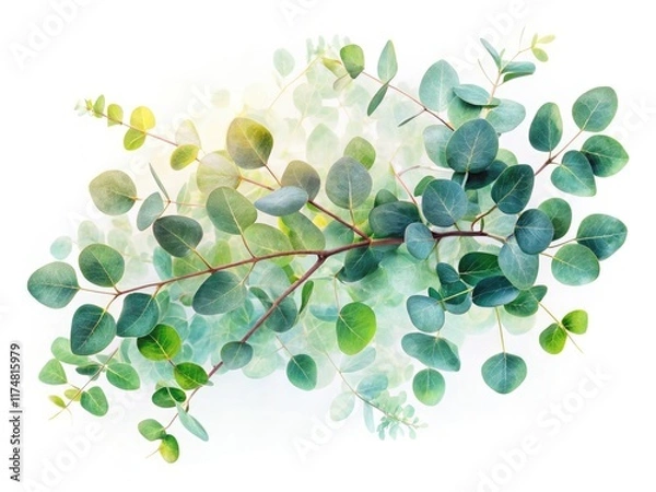 Fototapeta Dreamlike eucalyptus art: green leaves overlay a white background, creating a captivating double exposure image.