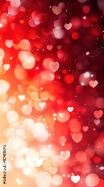 Fototapeta Romantic red background with hearts and bokeh lights