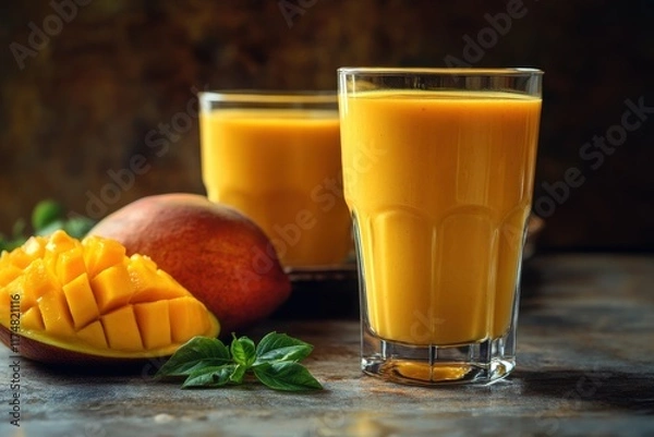 Fototapeta Refreshing mango smoothie in tall glasses, with fresh mango slices and basil leaves on a textured backdrop.