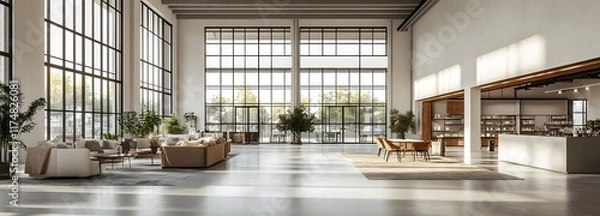 Fototapeta A vast commercial space with high ceilings, large windows, and white walls, offering plenty of room for product displays and text space
