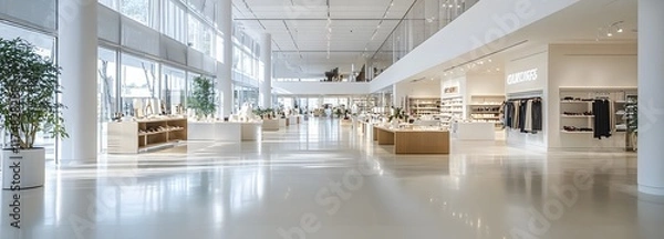Fototapeta A large, modern retail space with smooth floors, tall ceilings, and wide white walls, creating a clean and open environment for products and text integration