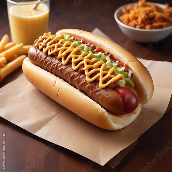 Fototapeta "Isolated Gourmet Fusion Hot Dog: A meticulously crafted hot dog featuring distinct, high-resolution layers for easy editing. On a soft, lightly toasted brioche bun, place: A crispy, spicy panko-crust