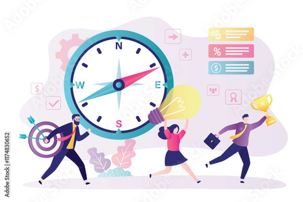Fototapeta Businesspeople team uses compass for choice right direction in business development. Financial strategy, project planning and vision way. Navigation pointer to career or goals.