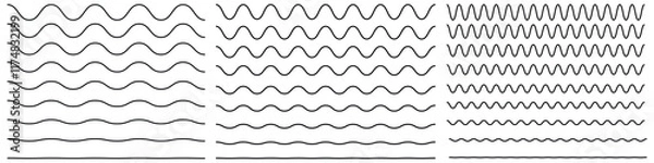 Fototapeta Set of wavy zigzag stroke lines pattern. Vector line border, wave ripple, zigzag, borders.