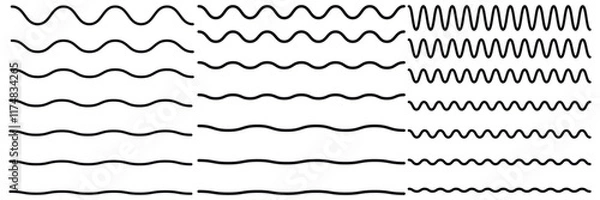 Obraz Set of wavy zigzag stroke lines pattern. Vector line border, wave ripple, zigzag, borders.