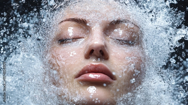 Obraz Serenity Beneath the Surface: A Close-Up of a Woman's Face Immersed in Water, Capturing Tranquility and Calm Amidst a Splashing Scene