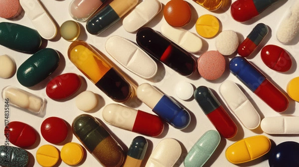 Fototapeta A Colorful Array of Capsules and Tablets on a Bright Background Showcasing the Diversity of Pharmaceutical Products and Their Forms for Medical Use