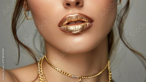 Obraz Beautiful woman with shiny lips wearing gold necklace and ring, AI generated image