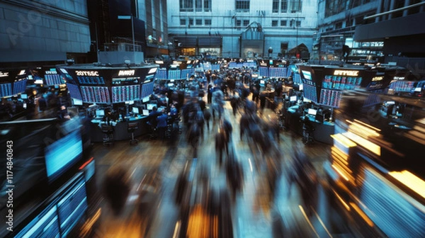 Fototapeta Busy Stock Exchange Trading Floor with Abstract Motion Blur Displaying Market Activity and Financial Data in a High-energy Environment