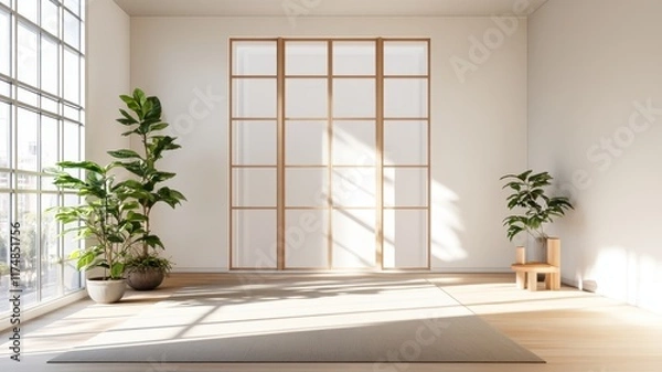Fototapeta Spacious neutral-toned virtual room featuring a wide window, inviting natural light and a serene atmosphere.