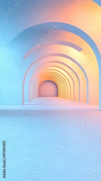 Fototapeta A futuristic tunnel with an arched design features neon blue and orange lighting, creating a sci-fi and cyberpunk atmosphere.