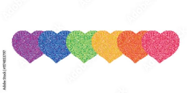 Obraz Rainbow Heart Row: A vibrant row of rainbow-colored hearts, showcasing a spectrum of love, unity, and diversity. These hearts symbolize inclusion, acceptance, and the beauty of human connection.