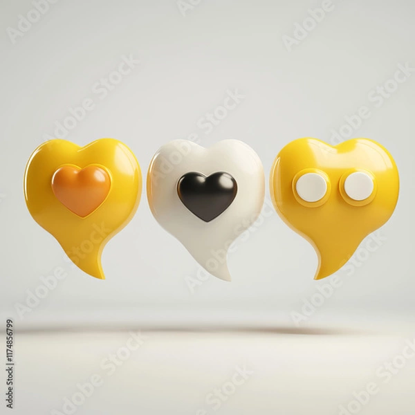 Fototapeta Three cartoon-style speech bubbles with heart icons, presented in a cheerful yellow and white color scheme. This playful design is perfect for social media or creative communication projects.