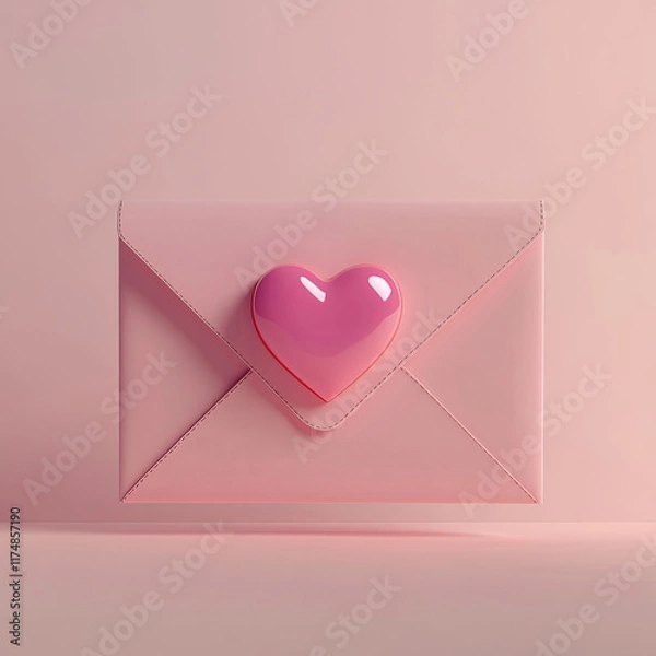 Fototapeta A cute pink envelope sealed with a heart-shaped sticker. The flat, cartoon-inspired illustration style combines simplicity and charm, set against a clean white background for versatility.