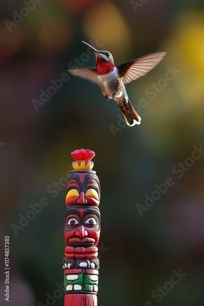 Fototapeta A colorful hummingbird hovers near a vibrant totem pole, showcasing nature and art.
