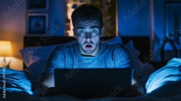 Fototapeta In a dimly lit bedroom, a man sits on his bed, staring in disbelief at his laptop