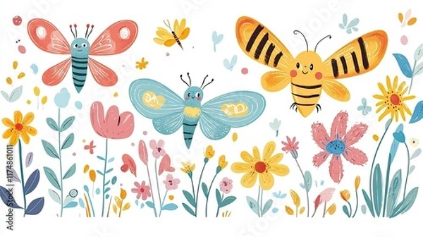 Fototapeta Big set of cute insects. Colorful vector illustrations in flat style. Butterflies, dragonflies, bees and small flowers isolated on white background. Smiling characters for childish design.